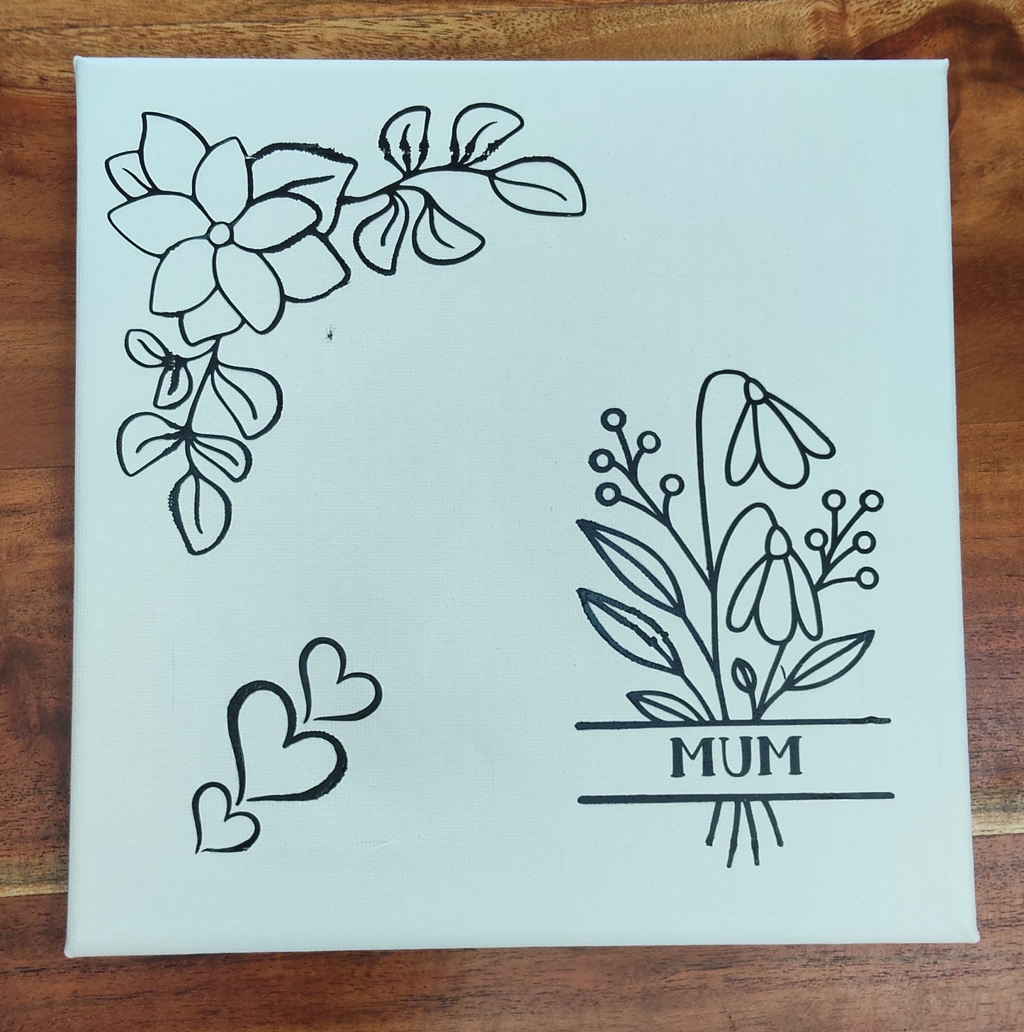 Set of floral and leaf designs on a white canvas with 'MUM' printed on it.