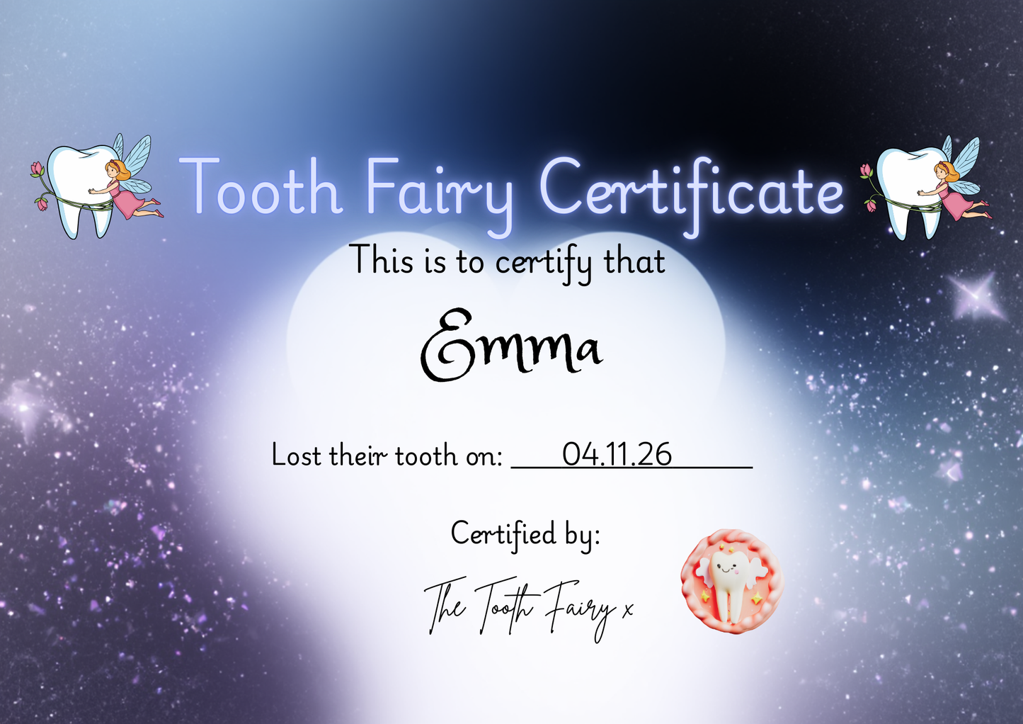 Tooth Fairy certificate with cartoon tooth fairies and a starry night background