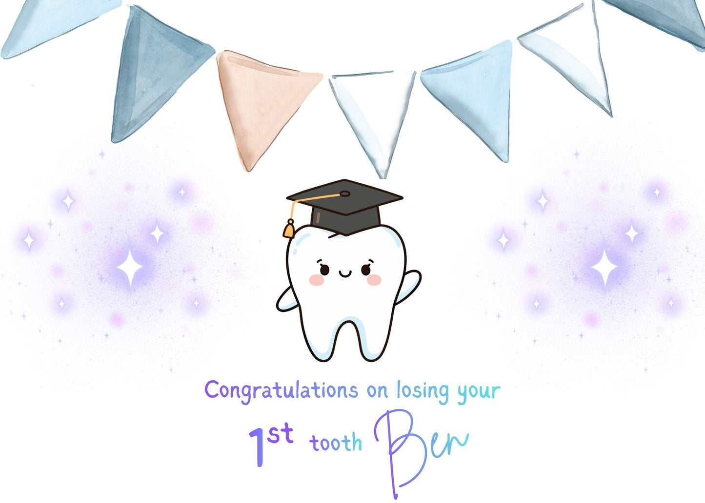 Cartoon tooth with graduation cap on a celebratory background with colorful flags in a blue blush. 