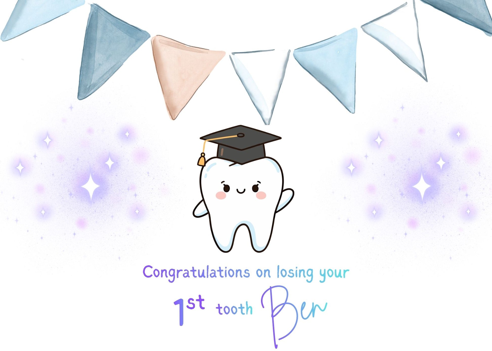 Cartoon tooth with graduation cap on a celebratory background with colorful flags in a blue blush. 