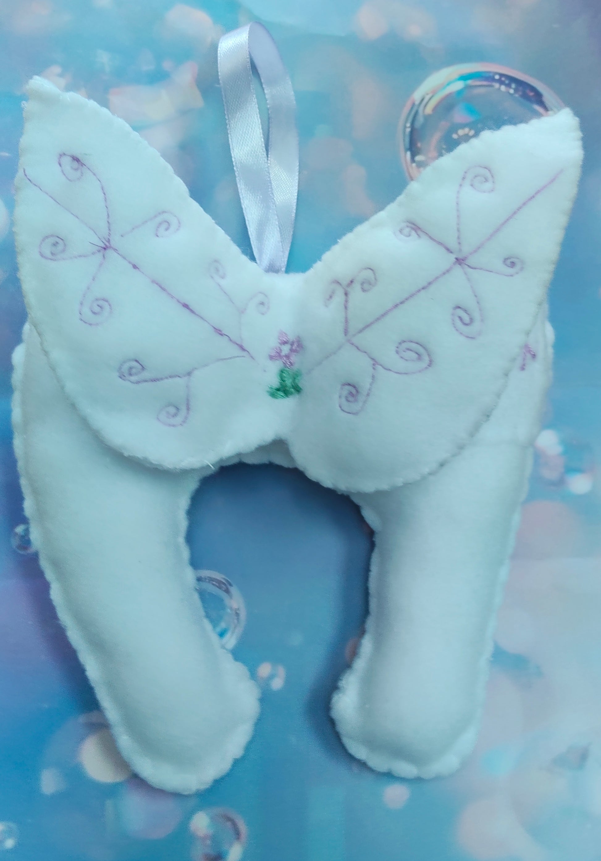 White Plush Fairy Wings, lost tooth, Tooth Fairy pouch, with embroided wings in a purple cotton. 