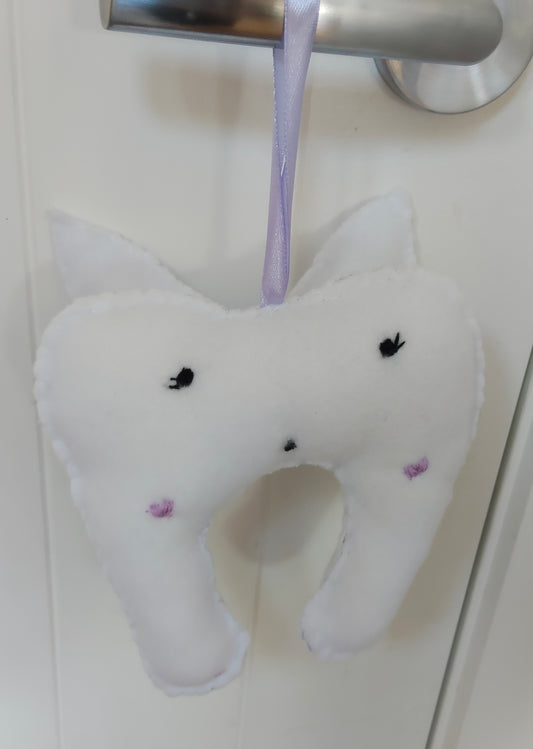 White Plush Fairy Wings, lost tooth, Tooth Fairy pouch, with embroided wings in a purple cotton. 