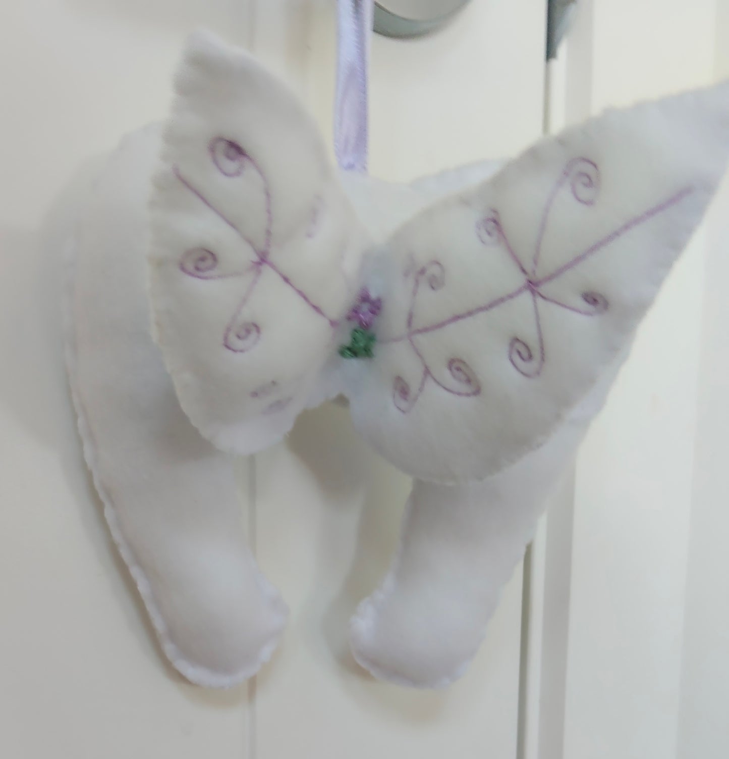 White Plush Fairy Wings, lost tooth, Tooth Fairy pouch, with embroided wings in a purple cotton. 
