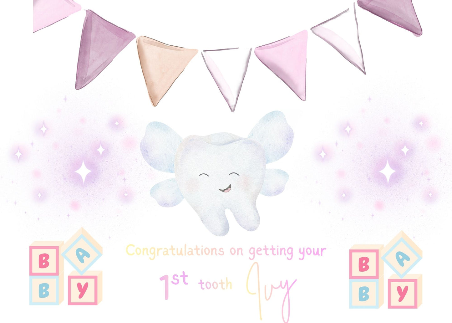 Baby's first tooth card, decorated with blocks, pink writing and personalised with name. Made of strong white card. 