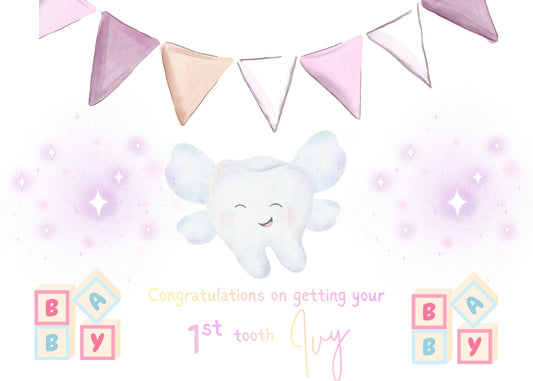 Baby's first tooth card, decorated with blocks, pink writing and personalised with name. Made of strong white card. 