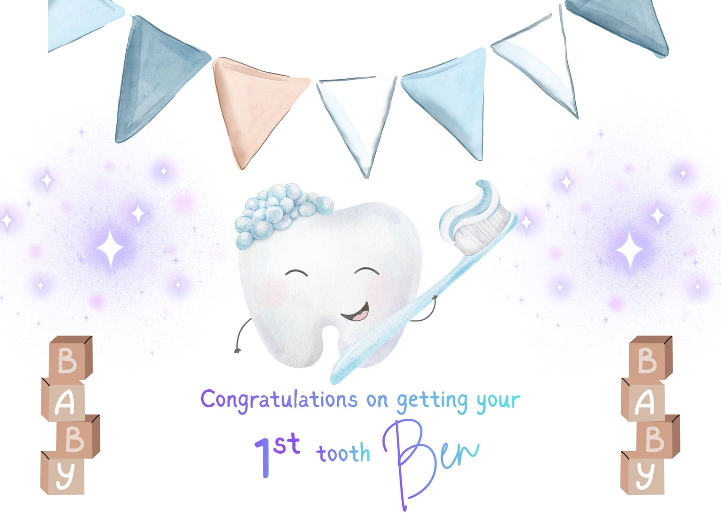Baby's first tooth card, decorated with blocks, blue writing and personalised with name. Made of strong white card. 