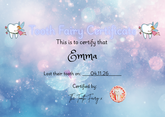 Tooth Fairy certificate with a magical background featuring tooth fairy characters.