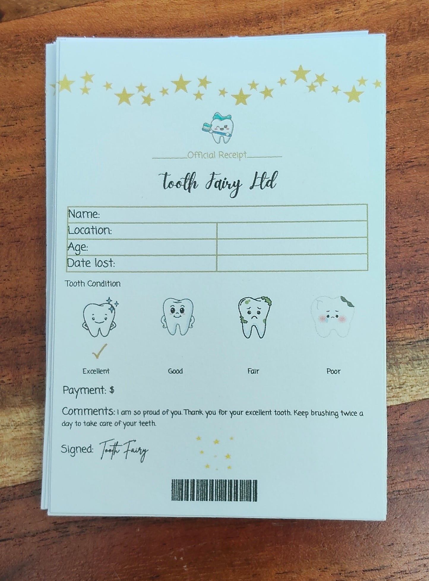 Tooth Fairy receipts featuring tooth quality pictures 