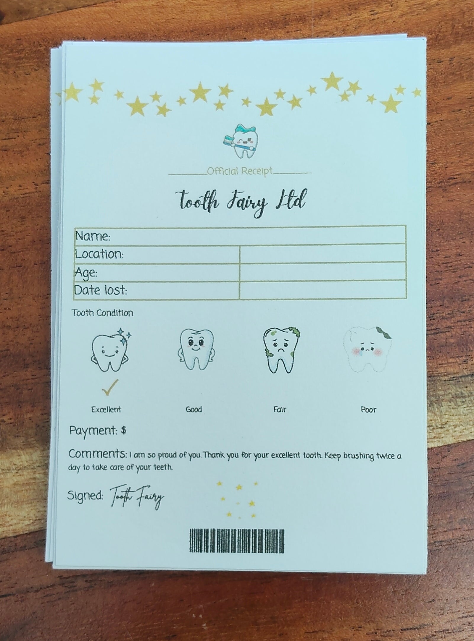 Tooth Fairy receipts featuring tooth quality pictures 