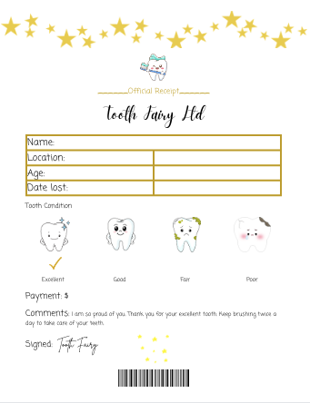 Tooth Fairy receipt template with cartoon tooth illustrations and stars at the top.