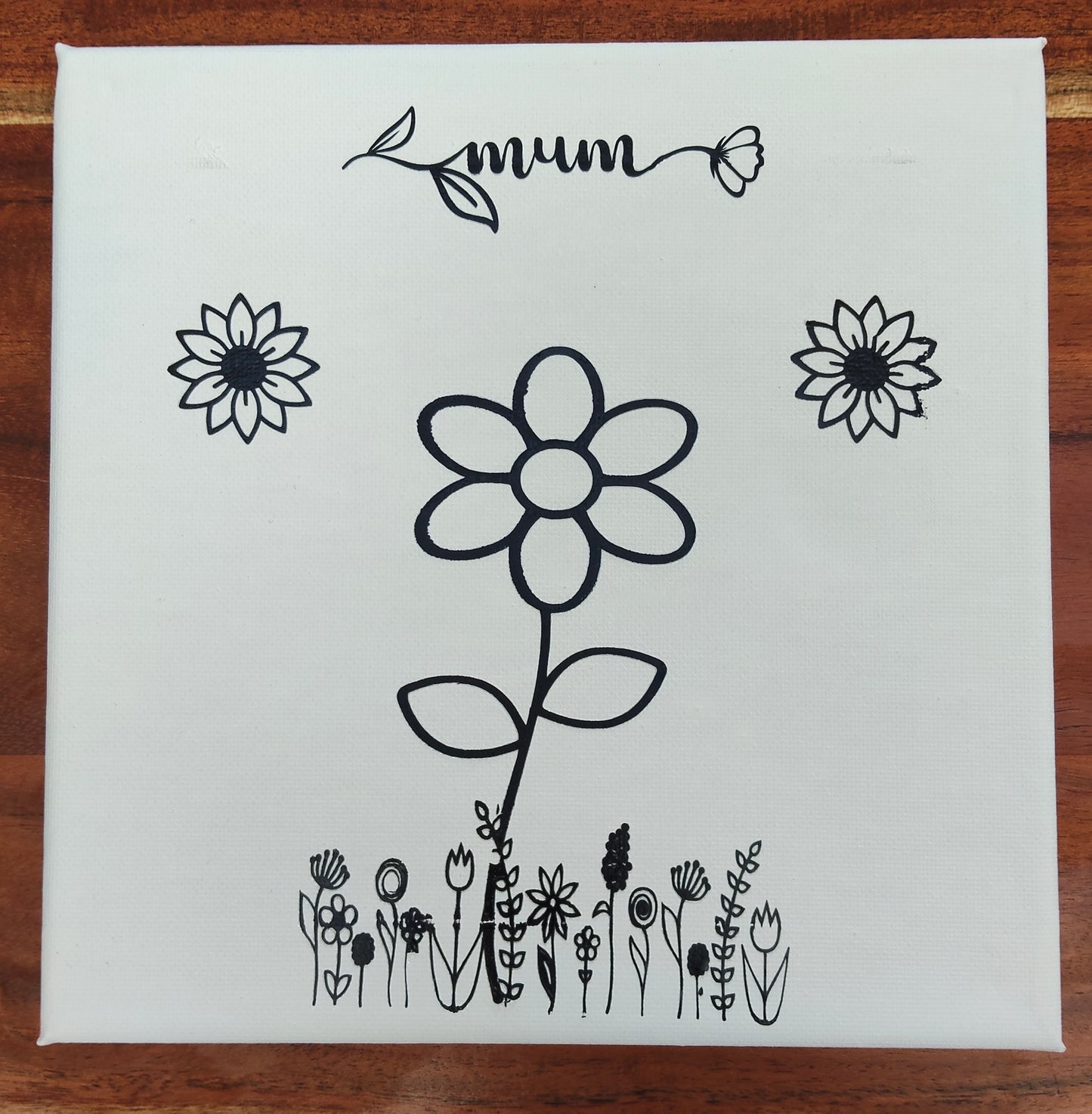 Canvas print with black floral design and 'mum' text. 