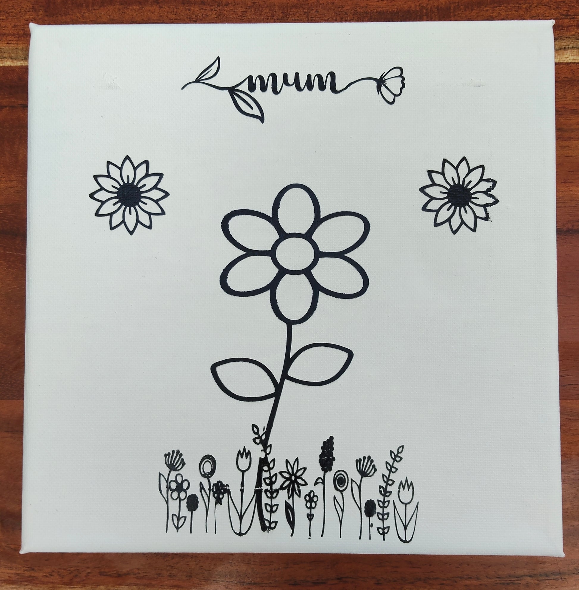 Canvas print with black floral design and 'mum' text. 