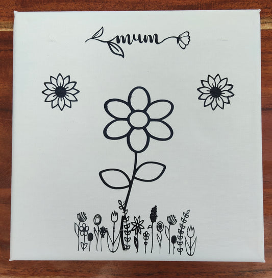 Canvas print with black floral design and 'mum' text. 