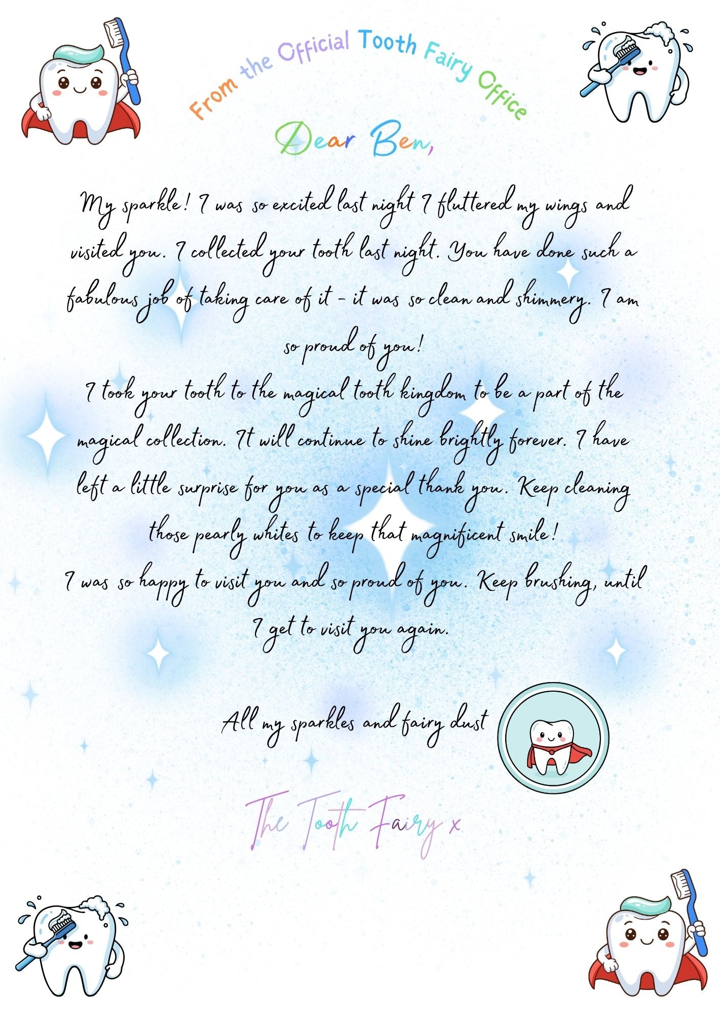 Personalised Tooth Fairy Lost Tooth Letter