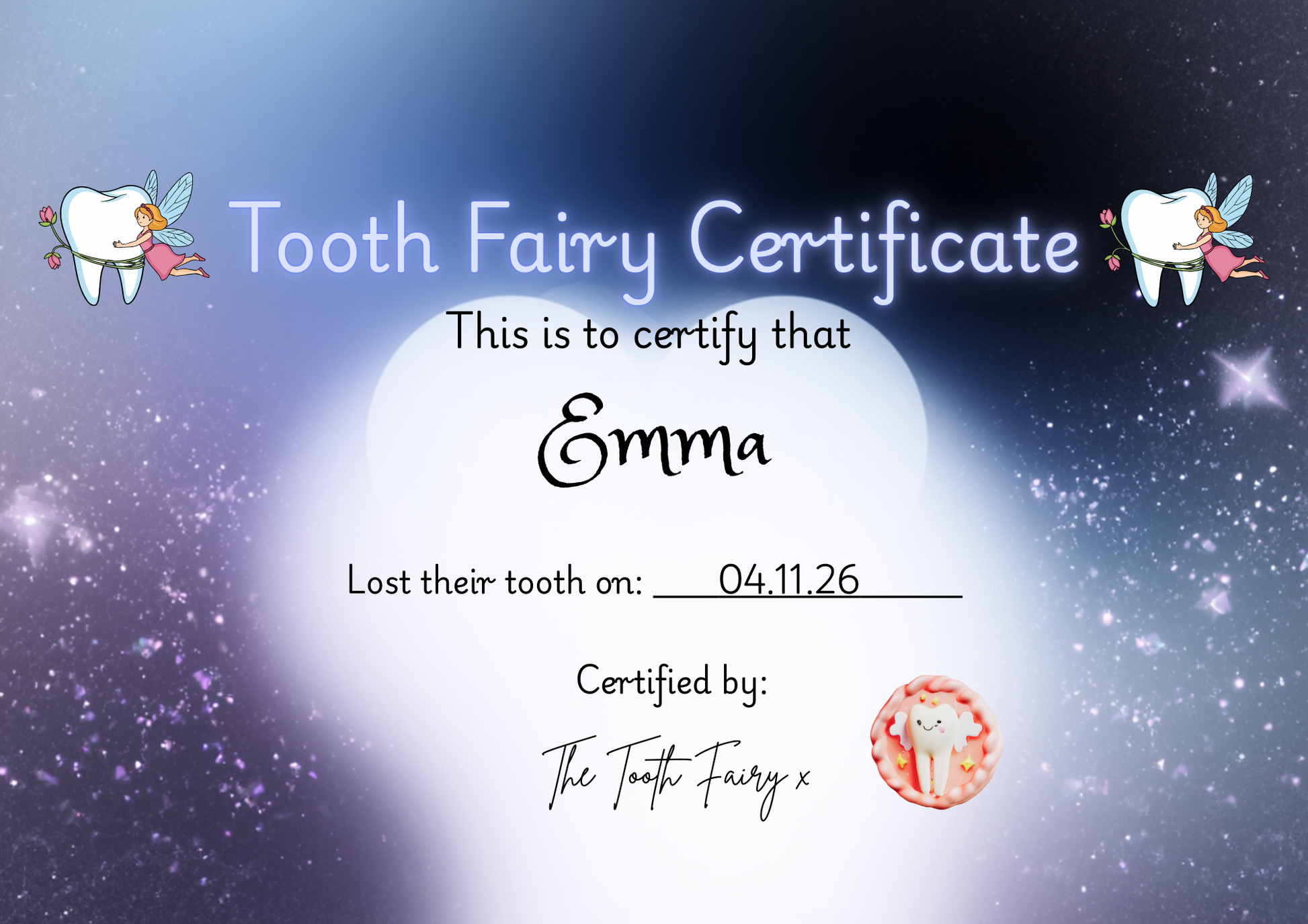 Tooth Fairy certificate with cartoon tooth fairies and a starry night background