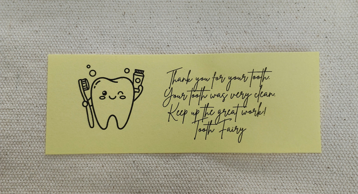 Note from the Tooth Fairy with a tooth and toothbrush illustration. 