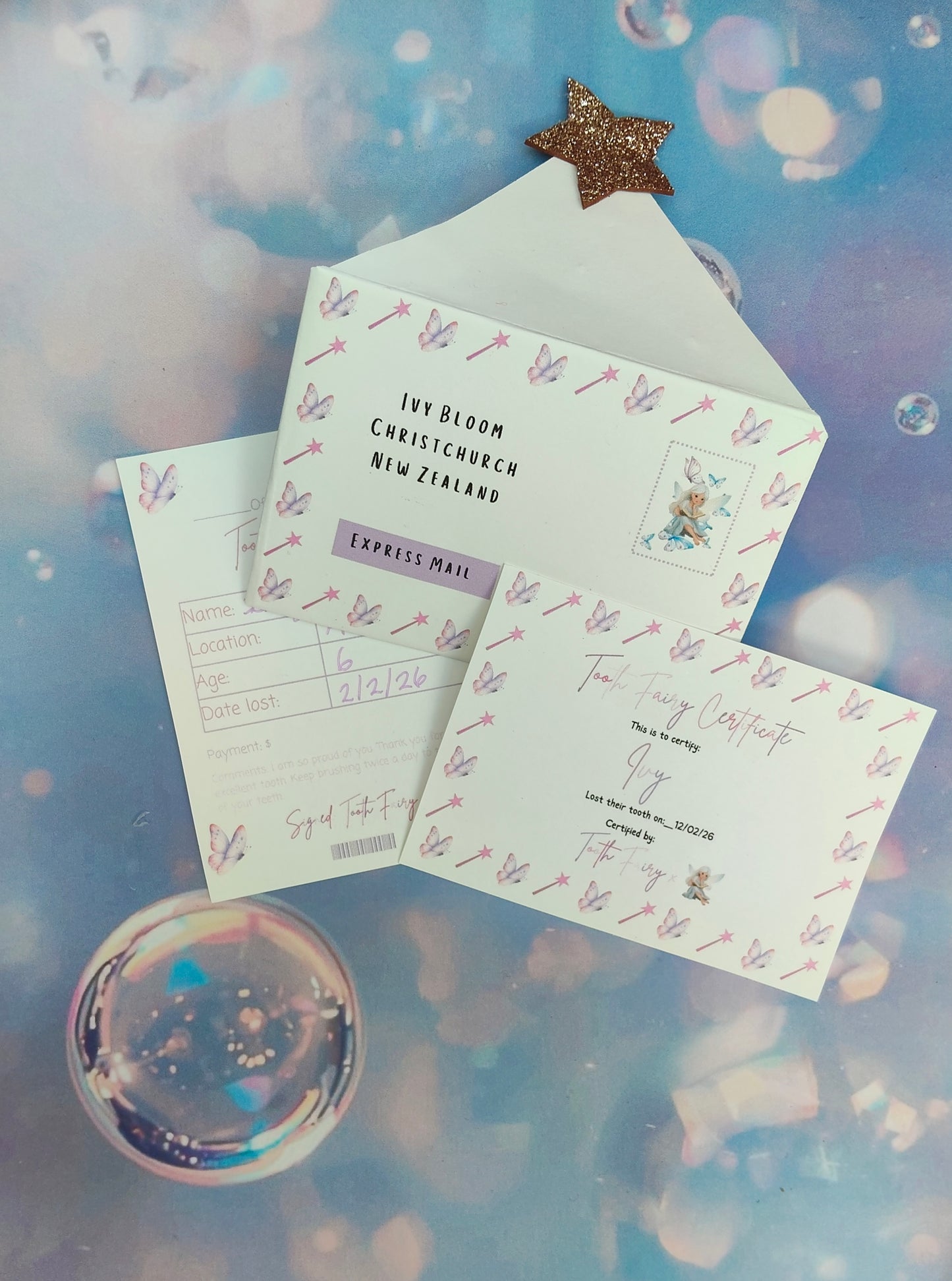 Tooth pillow, tooth receipt and certificate in cute envelope bundle
